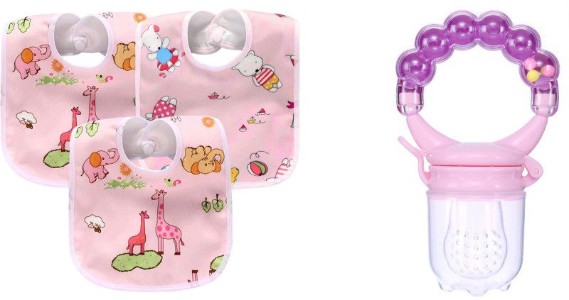 Mojo Galerie Feeding Combo Three Tich Button Bib & Rattle Fruit Feeder for Babies- Pink Teether and Feeder  (Pink)