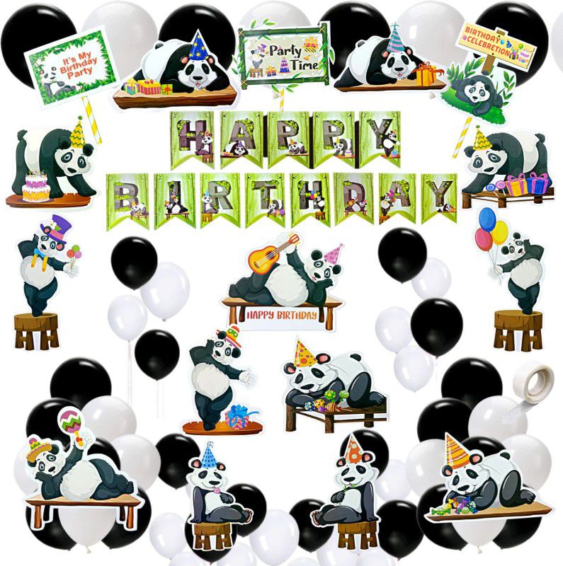 FLICK IN Panda Birthday Decoration Items Cutouts Props Cake Topper Black & White Balloons  (Set of 58)