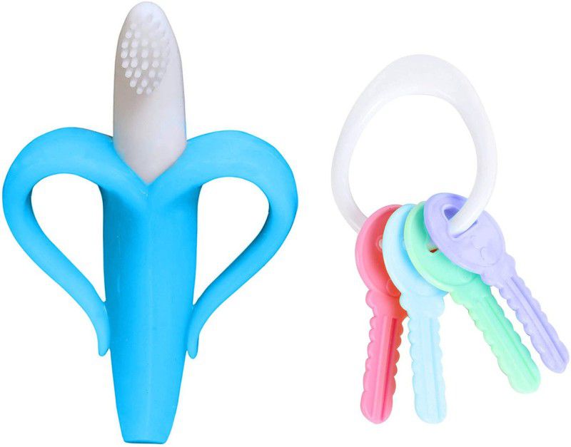 Jingle Kids Baby Ultra Soft Bristle Bendable Silicone Banana Toothbrush Teether & Key Shaped Teether and Feeder  (BLUE BANANA)