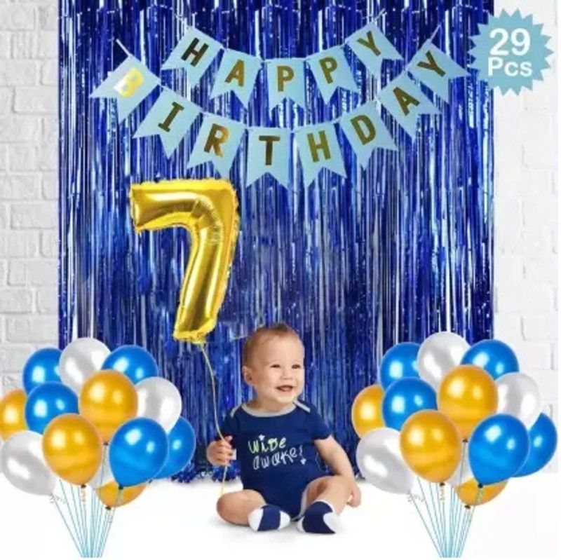 SUSANYA 1 HB Banner, 25 Balloons,2 Foil Curtains,7th No foil balloon (Blue, White, Gold)  (Set of 29)