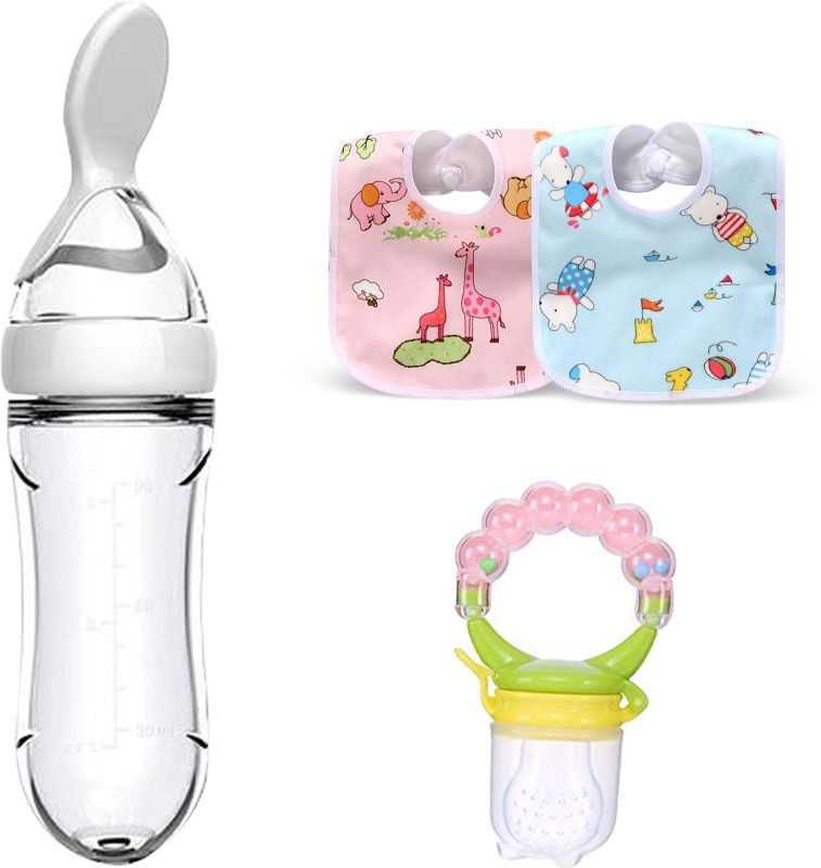 Mojo Galerie Feeding&Cleaning Cmbo 2 Bib, Peach Rattle Fruit & White Spoon Feeder for Babies Teether and Feeder  (White - Peach Rattle)