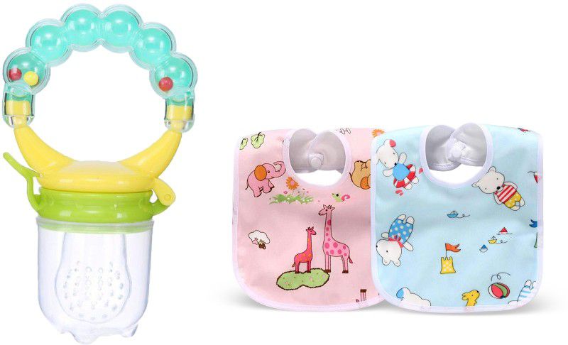 Mojo Galerie Feeding Combo Two Tich Button Bib & Green Rattle Fruit Feeder for Babies Teether and Feeder  (Green 2)