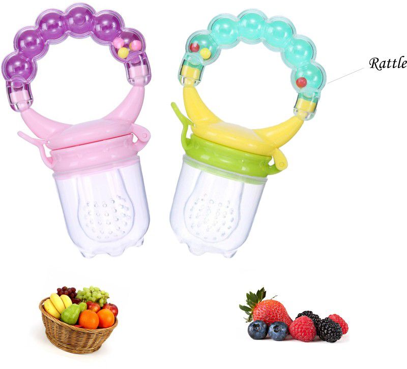 Mojo Galerie Combo Pack 2 in 1 Fruit Feeder & Teether with Rattle for Babies- Pink & Green Teether and Feeder  (Pink - Green)