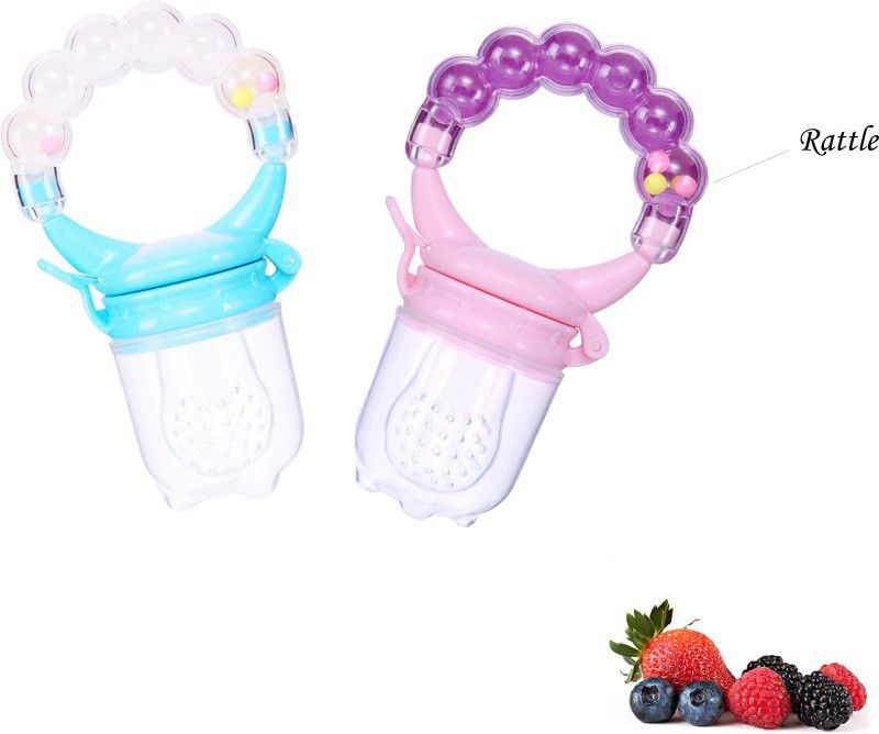 Mojo Galerie Combo Pack 2 in 1 Fruit Feeder& Teether Soother with Rattle for Babies-Blue&Pink Teether and Feeder  (Pink - Blue)