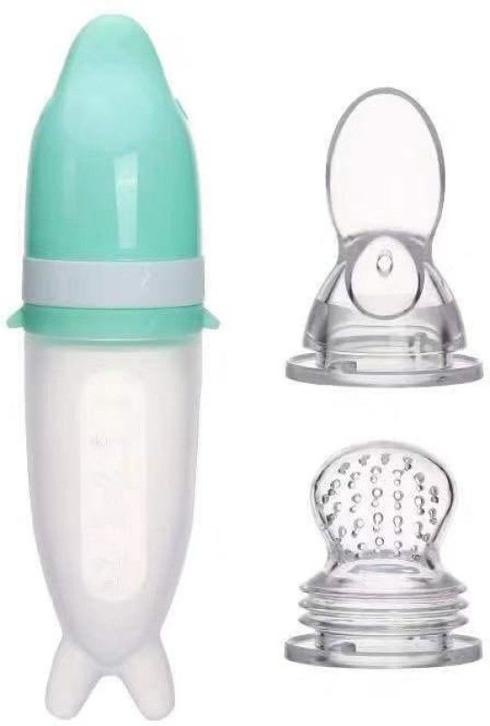 Baby Shark 60ml Dolphin Shape Bpa Free Soft Silicone Squeeze Feeding Bottle With Spoon - Silicone  (Multicolor)