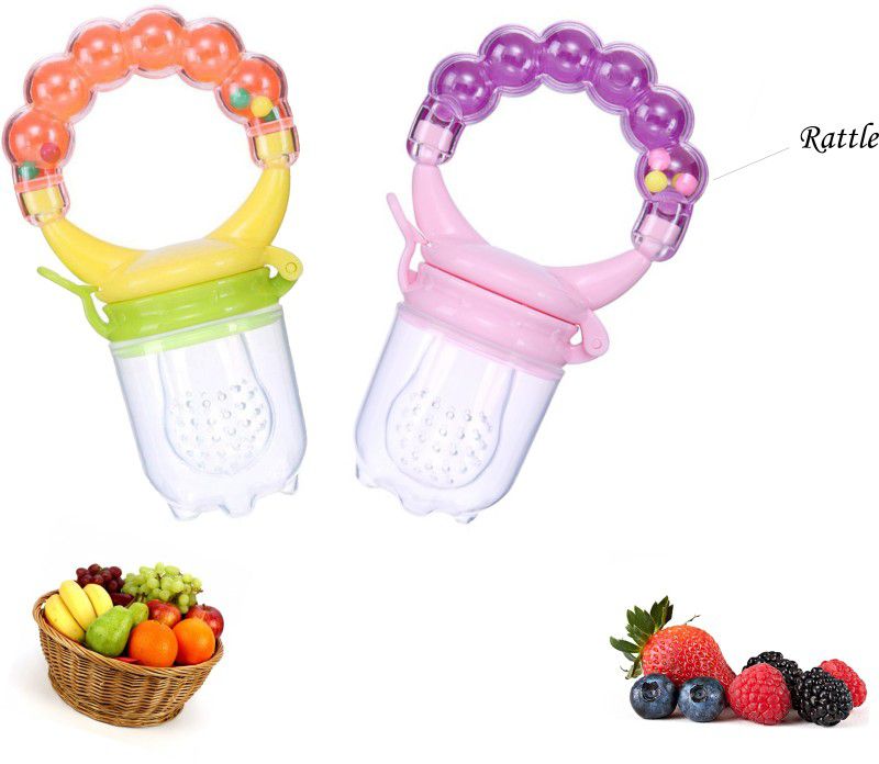 Mojo Galerie Combo Pack 2 in 1 Fruit Feeder & Soother with Rattle for Babies- Orange & Pink Teether and Feeder  (Pink - Orange)