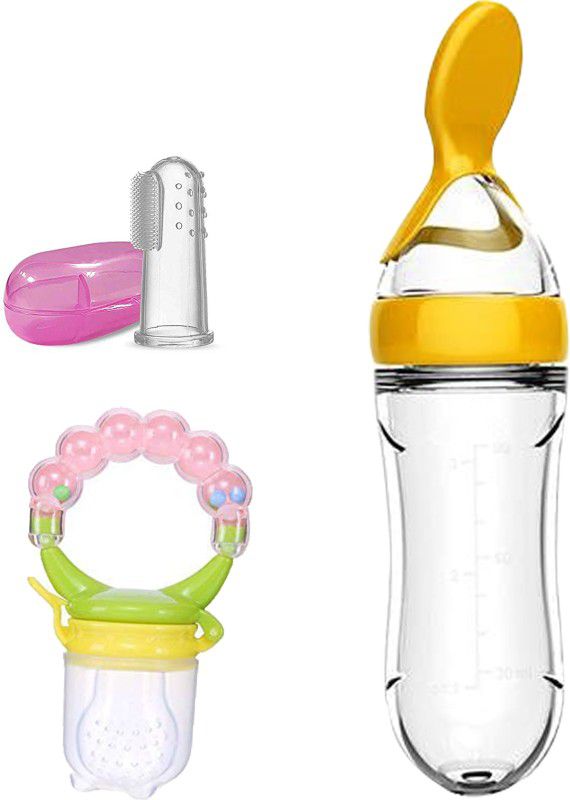 Mojo Galerie Feeding&Cleaning Cmbo Finger Brush, Peach Fruit & Yellow Spoon Feeder for Babies Teether and Feeder  (Yellow - Peach Rattle)