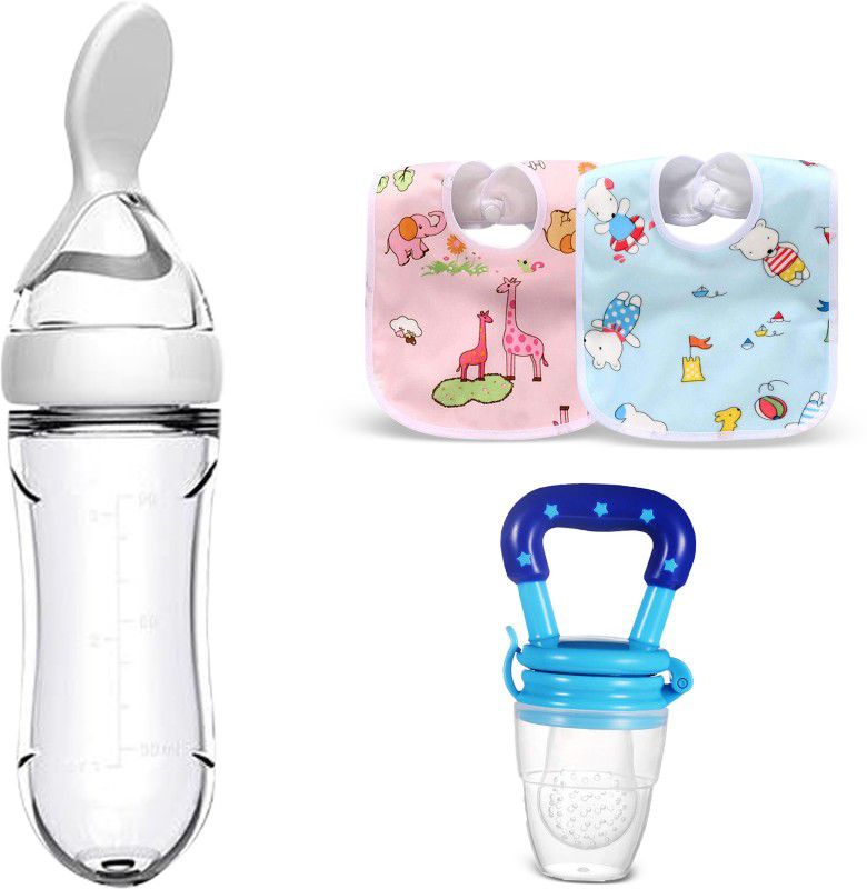 Mojo Galerie Combo Pack 2 Waterproof Bibs, Blue Fruit & White Spoon Feeder for Babies Teether and Feeder  (White - Blue)