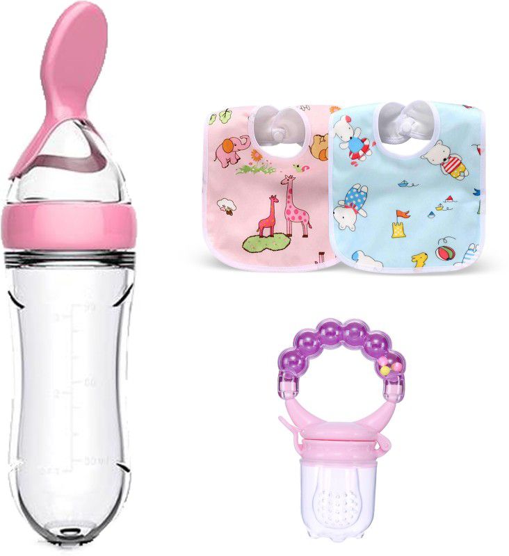 Mojo Galerie Combo Pack 2 Waterproof Bibs, Pink Rattle Food & Pink Spoon Feeder for Babies Teether and Feeder  (Pink - Pink Rattle)