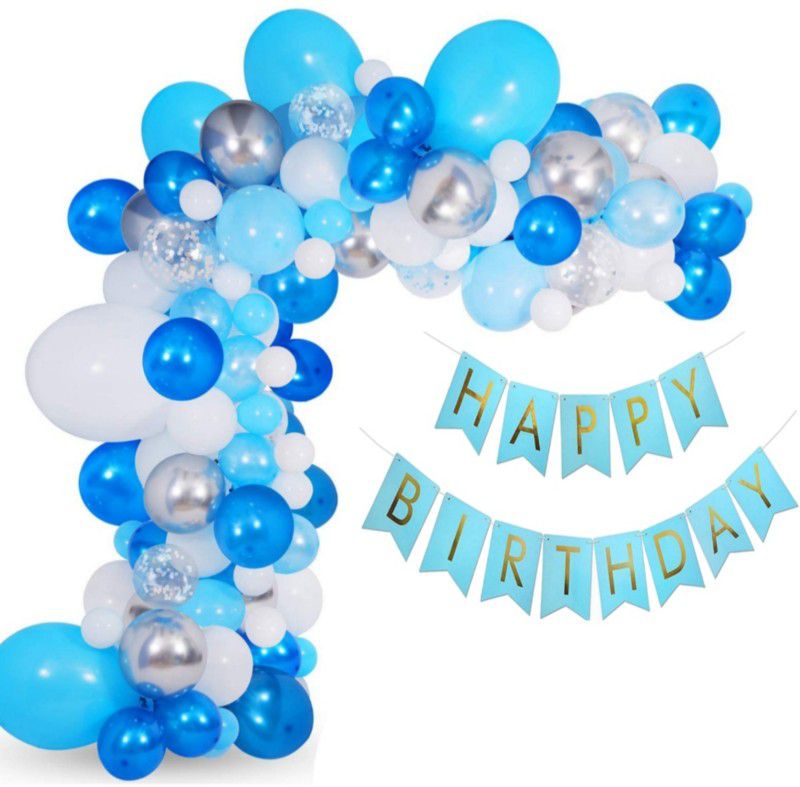 Alaina Happy Birthday Decoration Kit 54 Pcs Combo Pack - 1 Pc Happy Birthday Banner (Blue & Golden Color) + 3 Pcs Silver Confetti Balloons + 10 Pcs Silver Chrome Balloons + 40 Pcs Metallic Balloons (Blue & White Color)  (Set of 54)