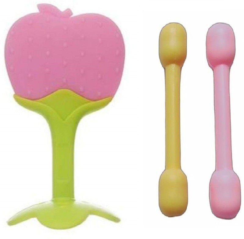 Enorme Silicone Apple Fruit Shape Teether with Dumbler / Sticks Teether For Babies Teether  (Multicolor)