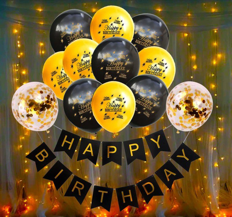 Party Propz Happy Birthday Decoration Kit -17Pcs Black Bunting, HBD Printed Balloons with Led Light Birthday Decorations Items for Bday Lights Combo Pack Set, Husband,Wife, First, 2nd,30th,40th,50th Theme  (Set of 17)