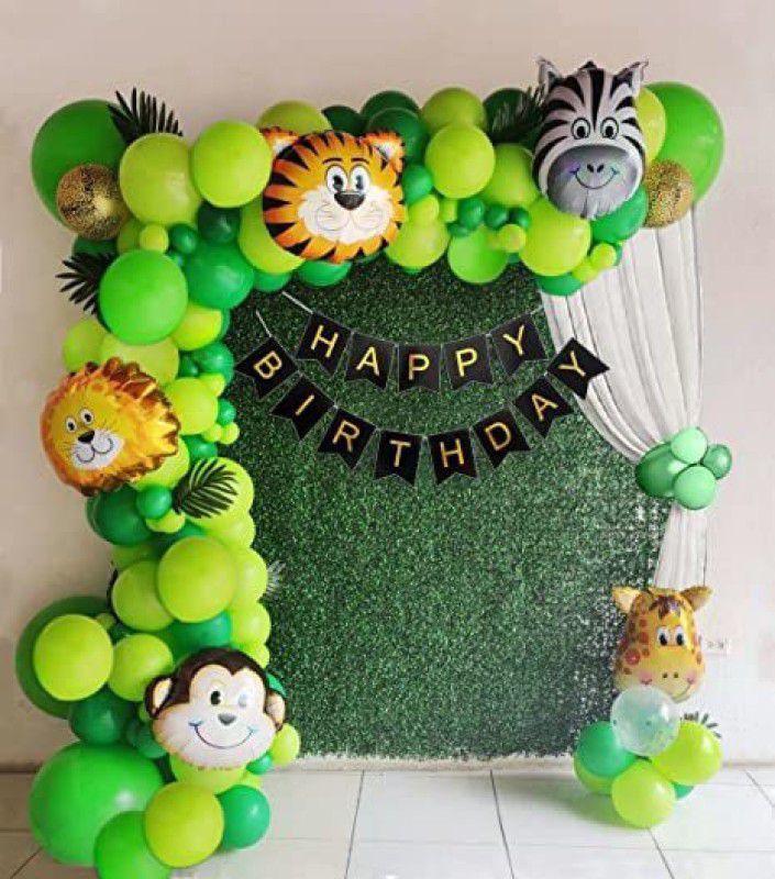 Fun and Flex Jungle Theme Animal Face Foil Balloon with White Net Curtain Birthday Kit Combo  (Set of 61)