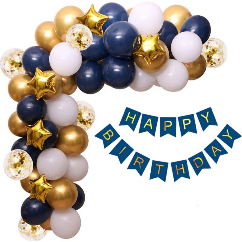 Alaina Happy Birthday Decoration Kit 59 Pcs Combo Pack - 1 Pc Happy Birthday Banner + 5 Pcs Golden Foil Stars + 3 Pcs Golden Confetti Balloons + 50 Pcs Metallic Balloons (Blue, White & Golden)  (Set of 59)