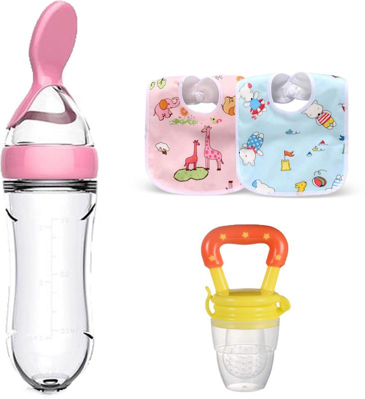Mojo Galerie Combo Pack 2 Waterproof Bibs, Orange Fruit Feeder & Pink Spoon Feeder for Babies Teether and Feeder  (Pink - Orange)