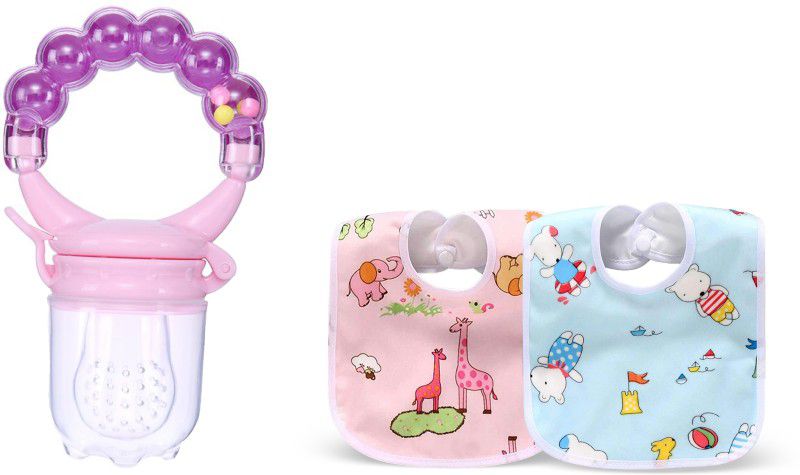 Mojo Galerie Feeding Combo Two Tich Button Bib & Rattle Fruit Feeder for Babies- Pink Teether and Feeder  (Pink 2)