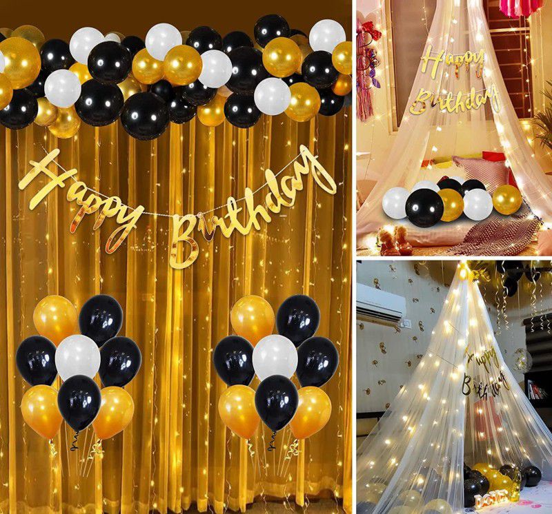 Fun and Flex Black and Golden Birthday Decoration Kit with White Net and Led Light -39Pcs  (Set of 39)
