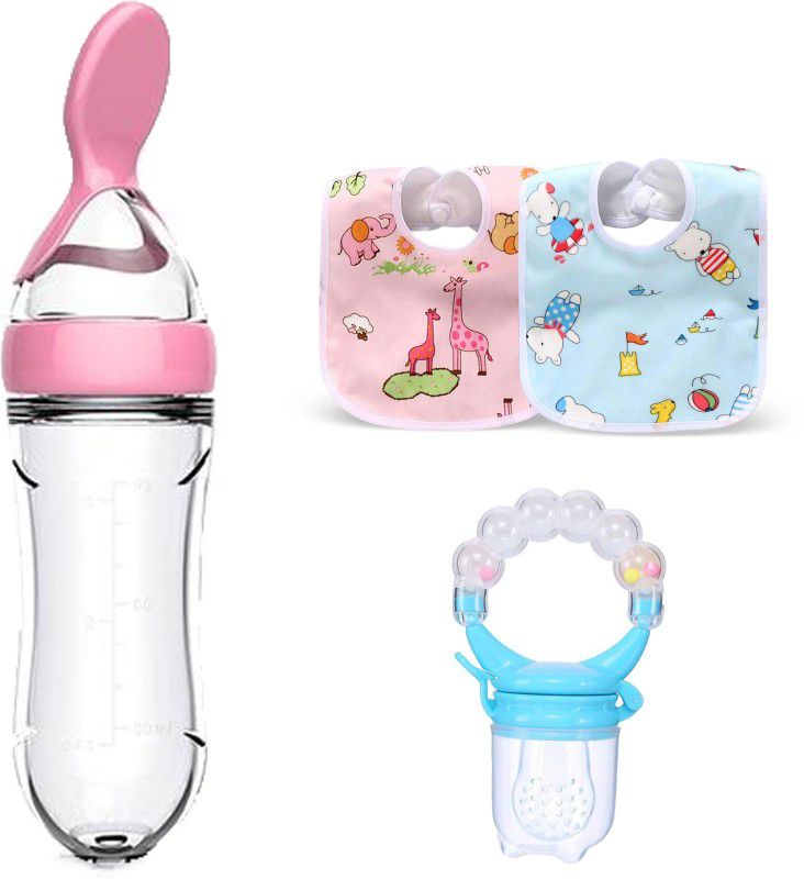 Mojo Galerie Combo Pack 2 Waterproof Bibs, Blue Rattle Fruit & Pink Spoon Feeder for Babies Teether and Feeder  (Pink - Blue Rattle)