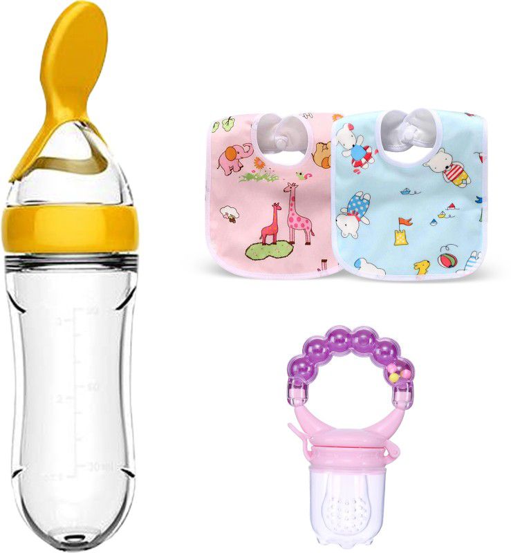 Mojo Galerie Feeding&Cleaning Cmbo 2 Bib, Pink Rattle Fruit & Yellow Spoon Feeder forBabies Teether and Feeder  (Yellow - Pink Rattle)