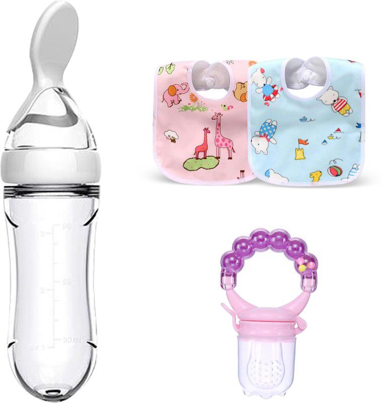 Mojo Galerie Feeding&Cleaning Cmbo 2 Bib, Pink Rattle Fruit & White Spoon Feeder for Babies Teether and Feeder  (White - Pink Rattle)