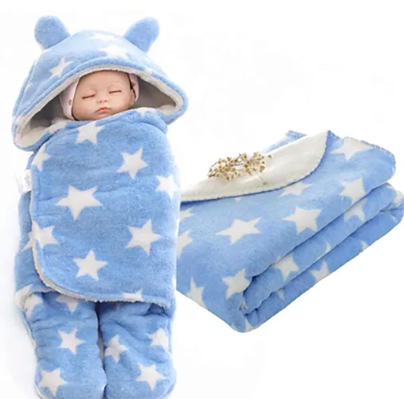 Printed Crib Hooded Baby Blanket  (Microfiber, SKYBLUE)