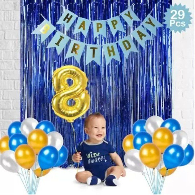 SUSANYA 1 HB Banner, 25 Balloons,2 Foil Curtains,8th No foil balloon (Blue, White, Gold)  (Set of 29)