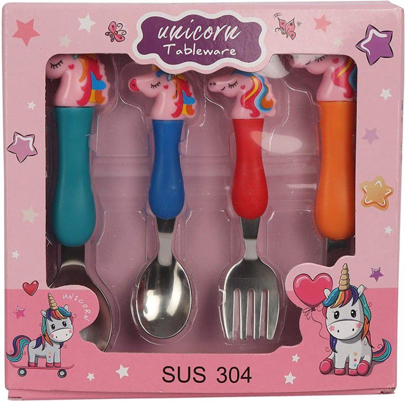 mega star Baby Spoon and Fork Cutlery for Babies and Kids - steel  (Multicolor)