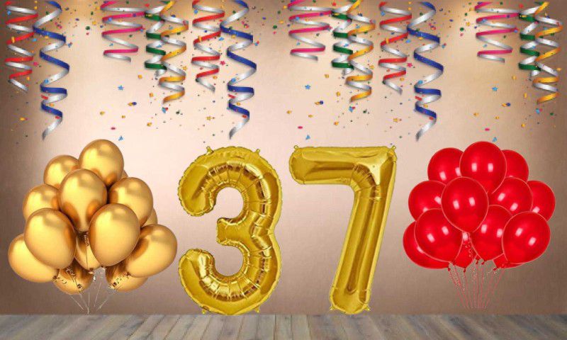 Balloonistics Gold Number 37 Foil Balloon and 25 Nos Red Gold Metallic Shiny Latex Balloon  (Set of 1)
