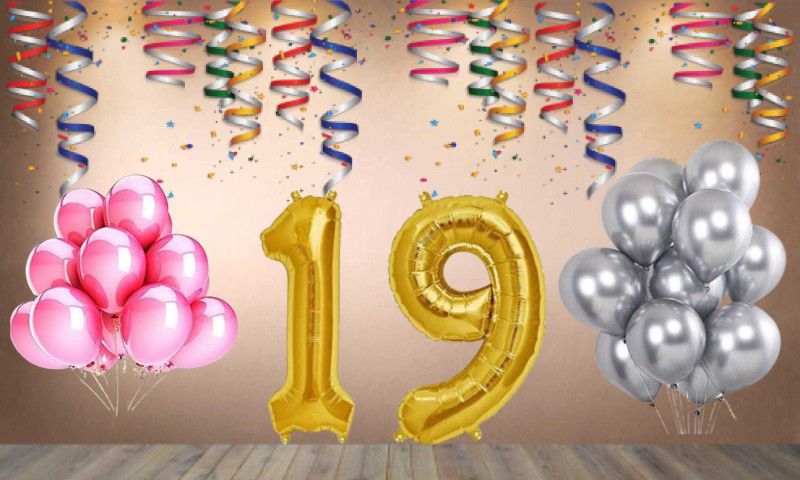Balloonistics Gold Number 19 Foil Balloon and 25 Nos Pink Silver Metallic Shiny Latex Balloon  (Set of 1)