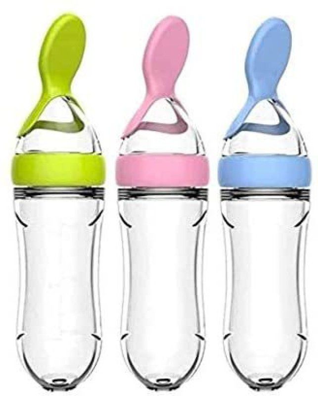 Kidsify 90ML Newborn Baby Feeding Bottle Toddler Safe Silicone Squeeze Feeding Spoon Milk Cereal Bottle Baby Training Feeder (Pack of 3) - Silicone  (Multicolor)