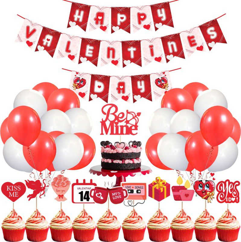 ZYOZI Happy Valentine’s Day Decoration Combo, Valentine’s Day Banner,Cake Topper, Cup Cake Topper and Balloon for Valentine’s Day Party Decorations, Wedding Anniversary Party Decorations, Photo Prop (Set of 37)  (Set of 37)