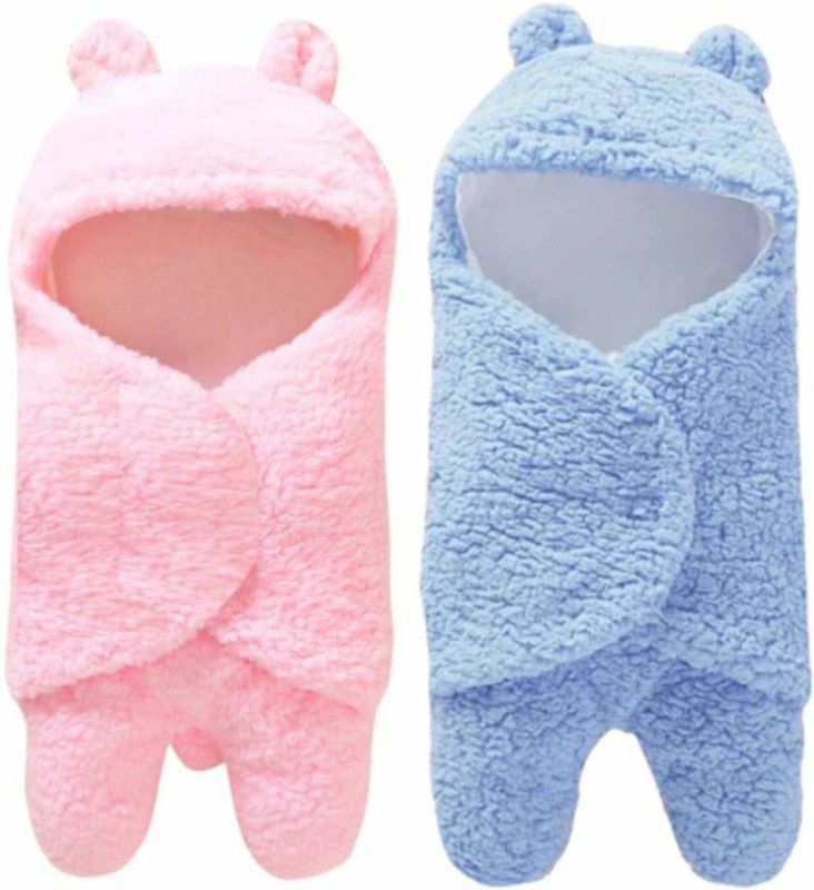 Solid Single Hooded Baby Blanket  (Microfiber, Pink BLue)