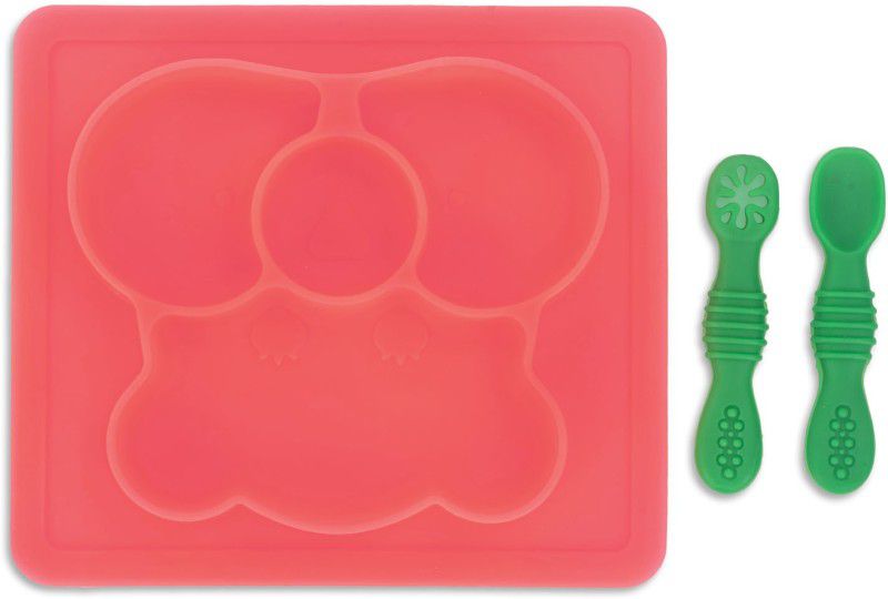 baybee Divided Silicone Plates for Baby with 2 First Stage Training Spoons for Toddlers - Silicone  (Dark Pink)