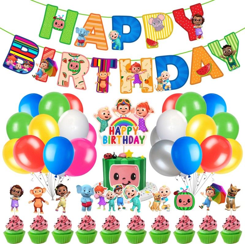 ZYOZI Cocomelon Birthday Party Supplies, Birthday Party Decorations Include Happy Birthday Banner, Cake topper, Cupcake toppers & Latex Balloons , Birthday Party Favor for Kids (Pack of 37)  (Set of 37)