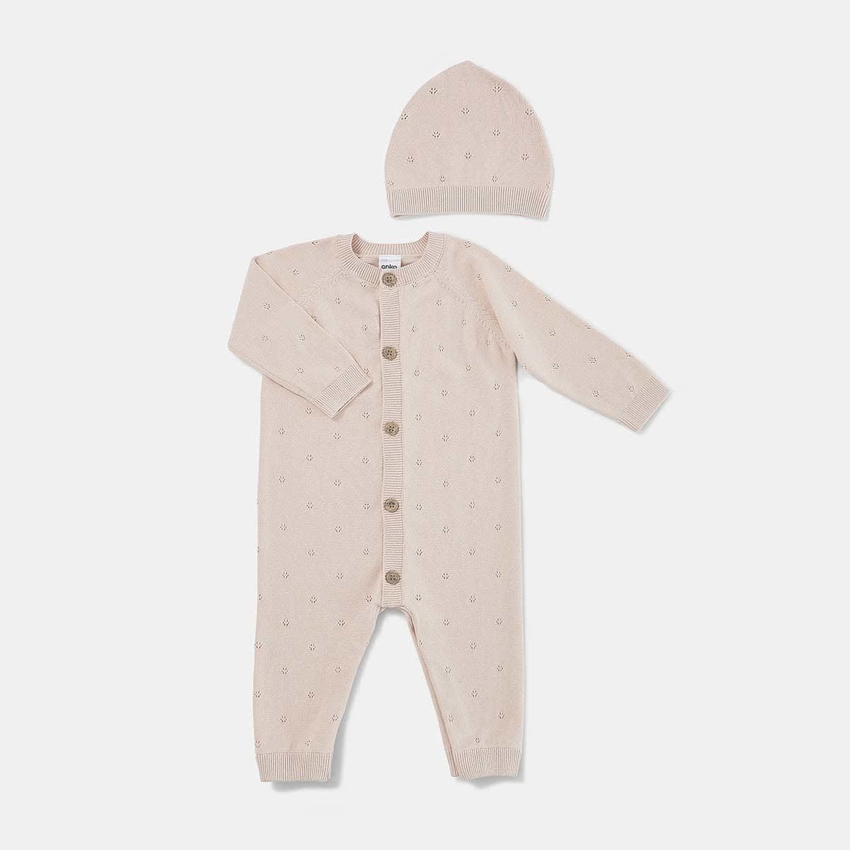 Organic Knit Pointelle Romper with Hat