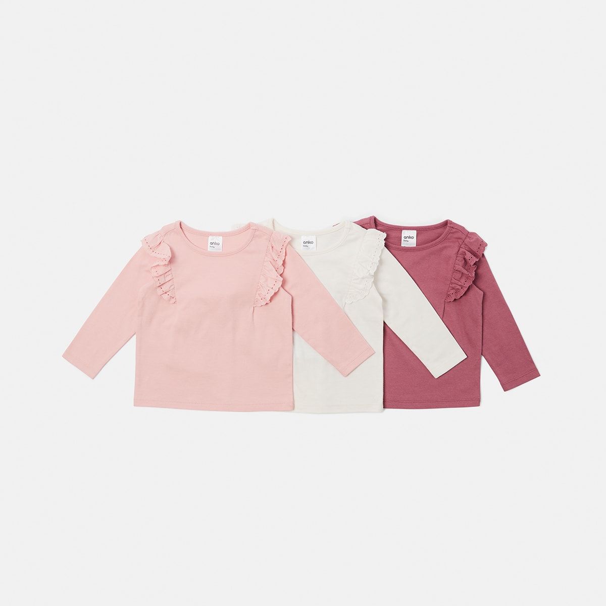 3 Pack Broderie Long Sleeve T-shirt