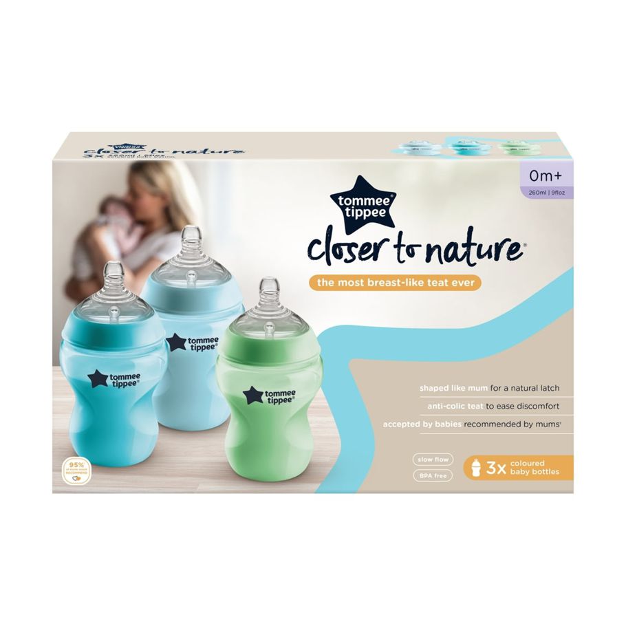3 Pack 260ml Closer To Nature Tommee Tippee Baby Bottles