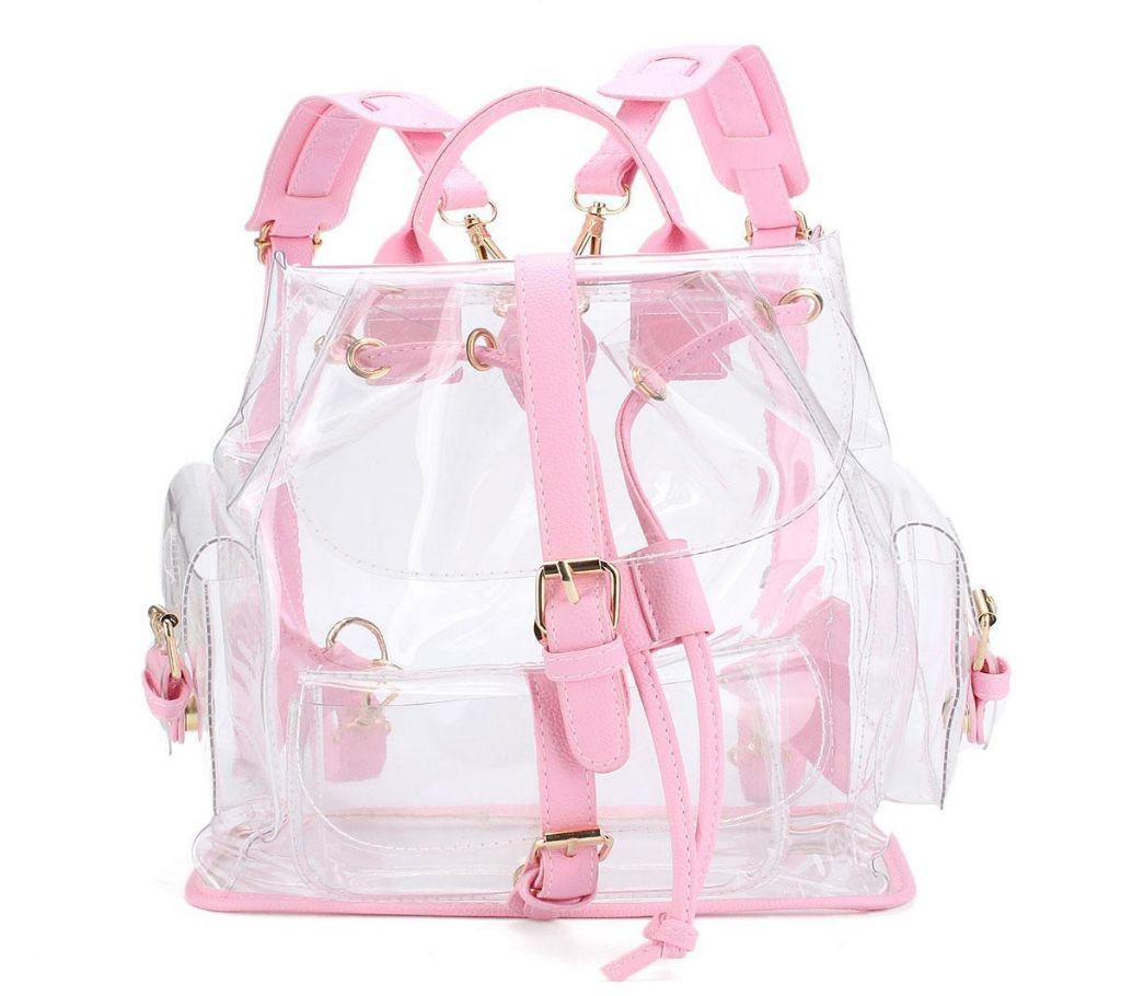 Women Girl Clear Cute Plastic Transparent Backpack School Bag Travel Hiking Bag pink