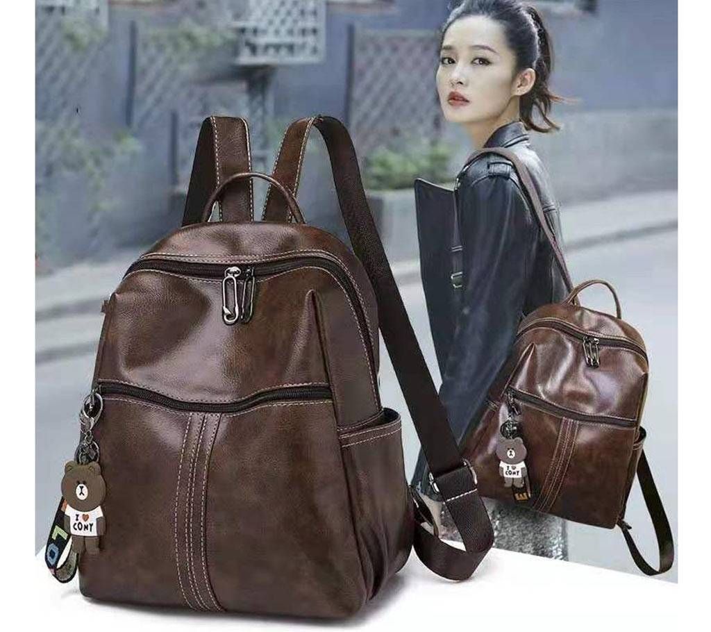 Women PU Leather Backpack with Keychain (1822) Brown - GTZ