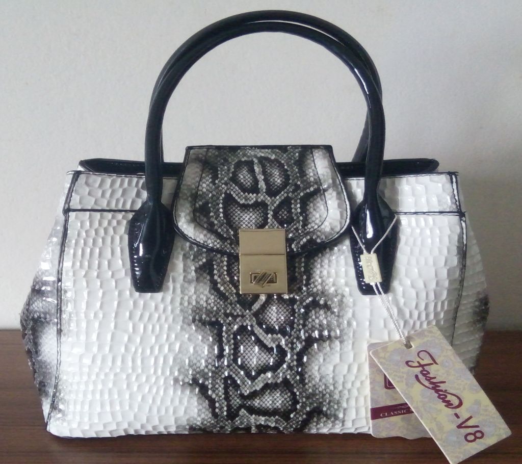 Fashion Genuine Leather White & Black handbag for women