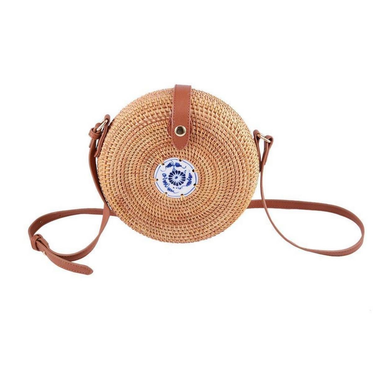 Bohemia Wind Style Women Lady Round Shape Single Shoulder Bag Rattan Bag wood color
