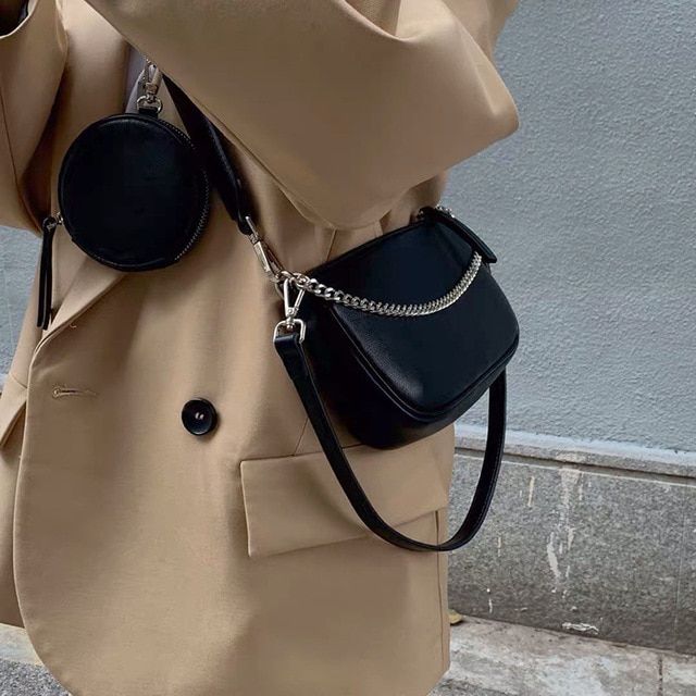 Fashion PU Leather Shoulder Bag For Women Black Baguette Bag Chains Crossbody Bag Designer Armpit Handbag Girls Purse 2pcs bolso