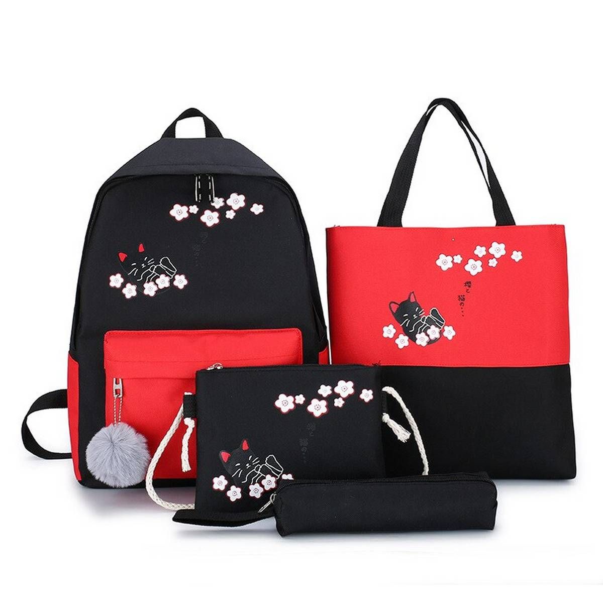 4Pcs/set Cat Printing Canvas Cute School Bag For Teenagers Girls Student High Quality Women School Backpacks Female Book Bags
