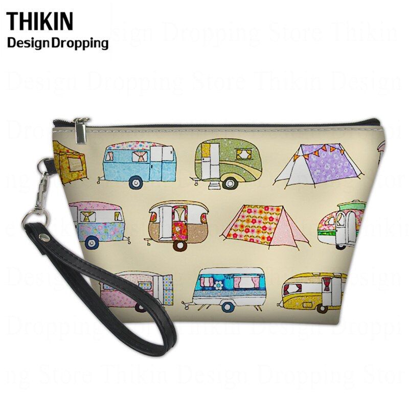 THIKIN 2021 Happy Camper Printing Women Large Cosmetic Bag Box Ladies Makeup Bags Travel Beauty Wash Kit Pouch Zipper Neceser