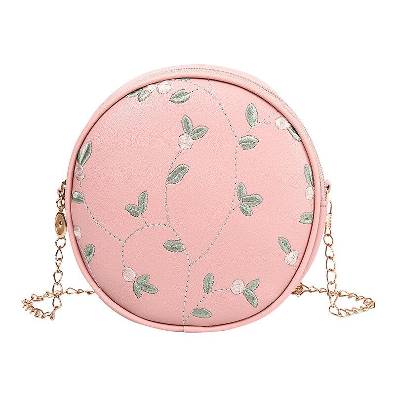 Yogodlns Embroidery Crossbody Bag Women PU Leather Small Round Bag Designer Handbag Fashion Chain Shoulder Bag Lady Phone Purse