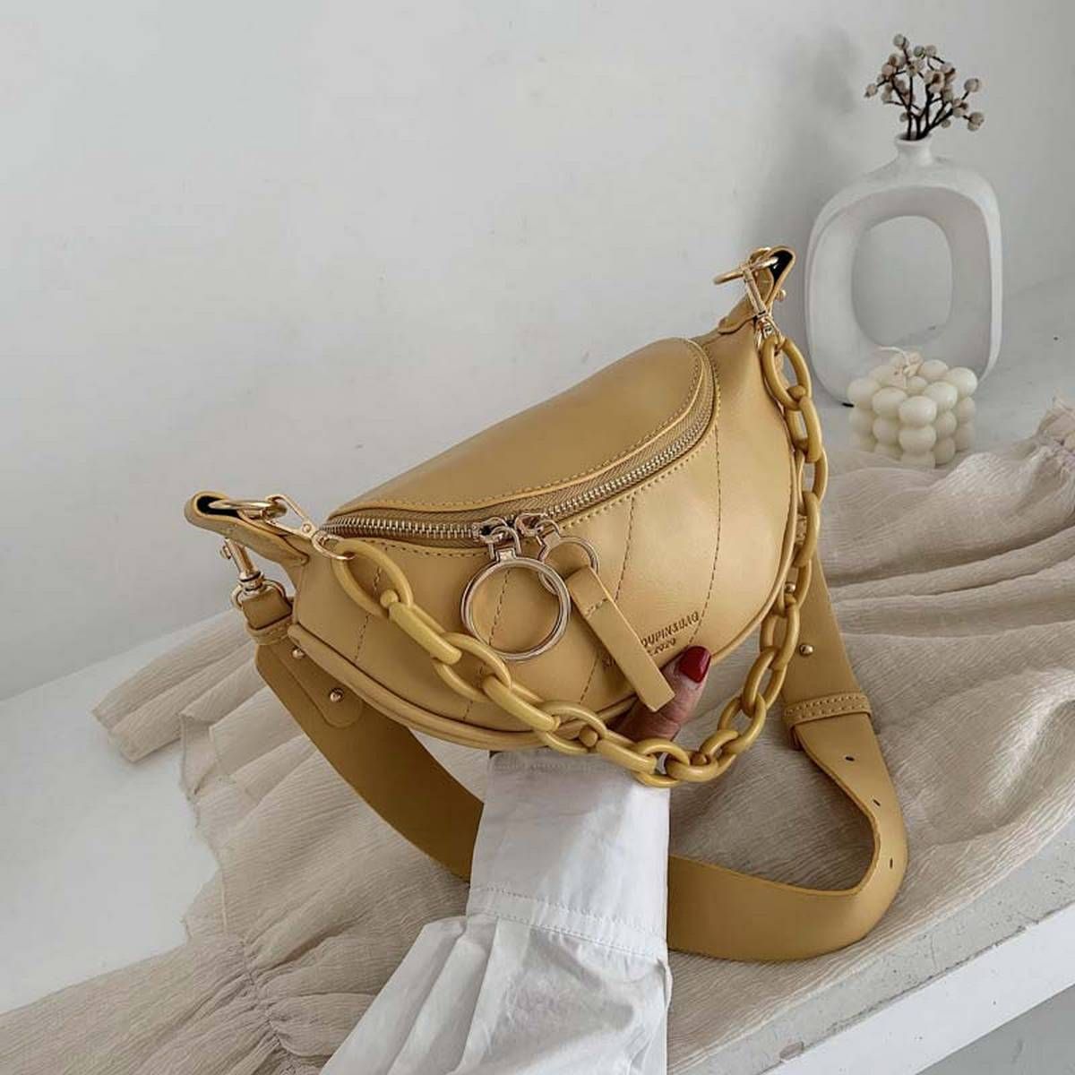 2021 New In Messenger Bag Women Letter Chains Single Shoulder Chest PU Leather Handbag and Purse Wide Straps Day Clutches