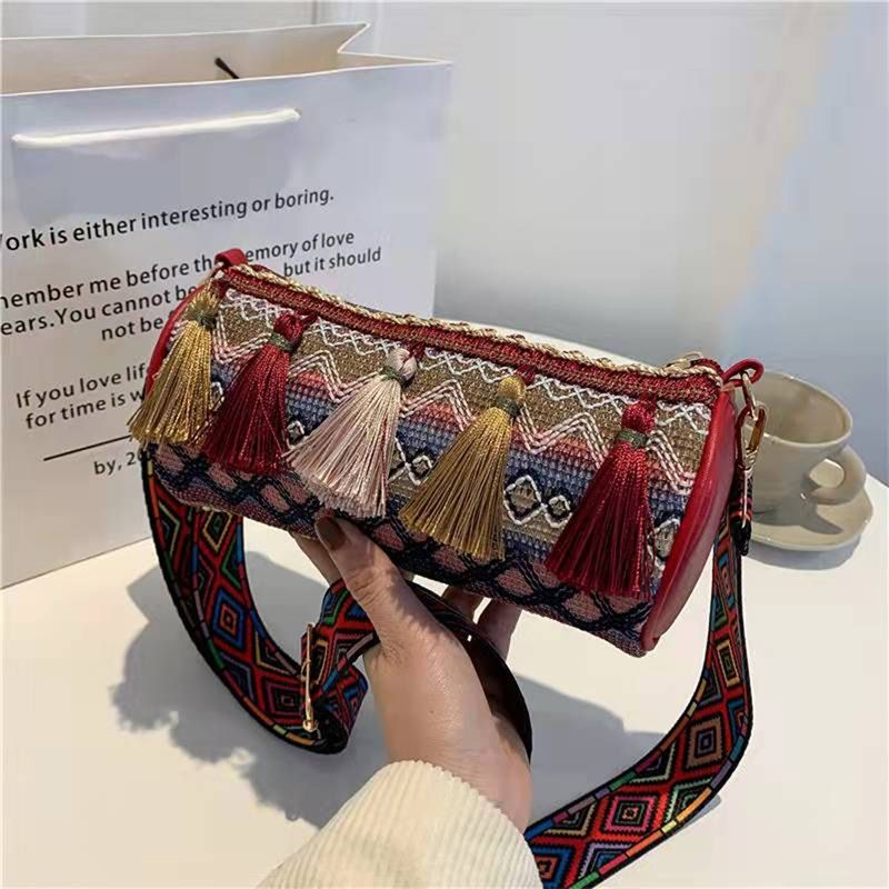 Women Shoulder Bag Geometric Patterns Vintage Cylindrical Crossbody Messenger Bag Purse with Tassels