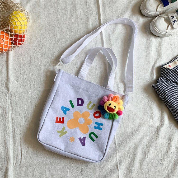 Student Girls Cartoon Canvas Shoulder Bag Cute Girl Flower Handbag Women Travel Shopping Bag Zipper Letter Tote Handbags Korean