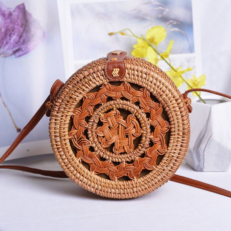 Handmade Woven Women Rattan Bags Vintage Weave Straw Shoulder Bag Hollow Out Ladies Female PU Straps Crossbody Handbag BJH