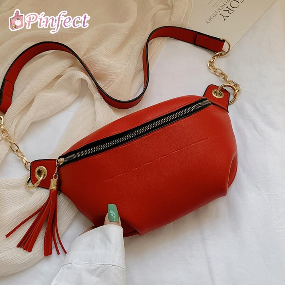 Fashion Women Retro Solid Color Fanny Waist Belt Bags Tassel PU Leather Chest Money Phone Pouch Large Capacity Casual Crossbody Shoulder Bag Pouch